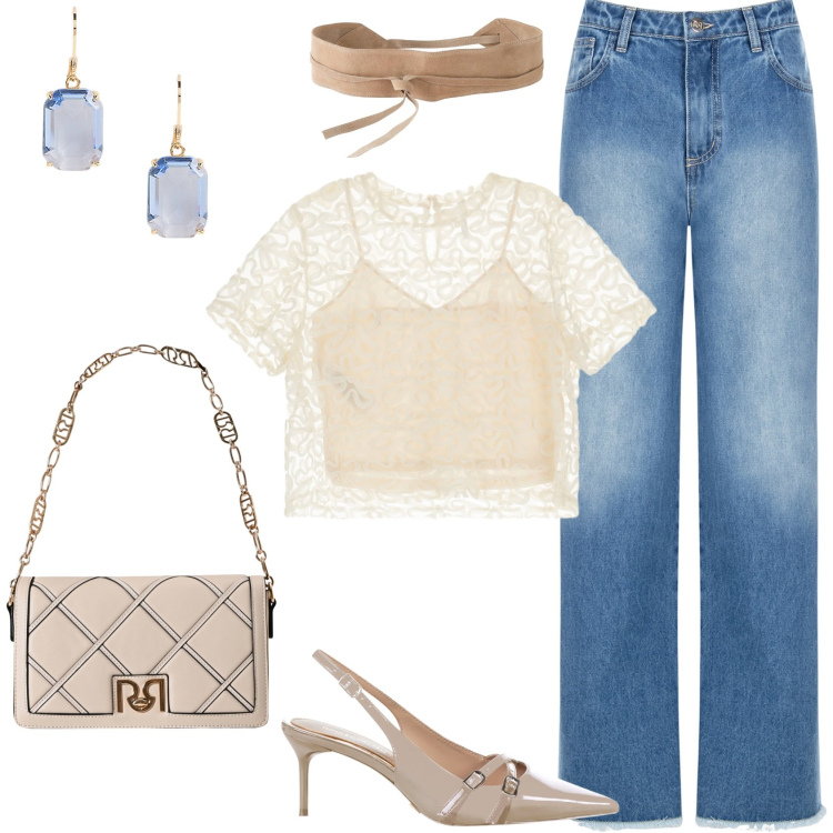 Outfit donna - Denim e blusa in pizzo!. Stile Urban per Serata fuori. Abbinamento con cinture, décolleté, borse a tracolla, jeans dritti, bluse, orecchini.