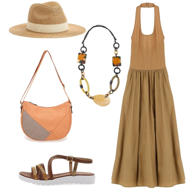 Outfit donna - Total look #2227558. Stile Glamour per Tutti i giorni. Abbinamento con cappelli, vestiti lunghi, borse a tracolla, sandali alla schiava, collane.