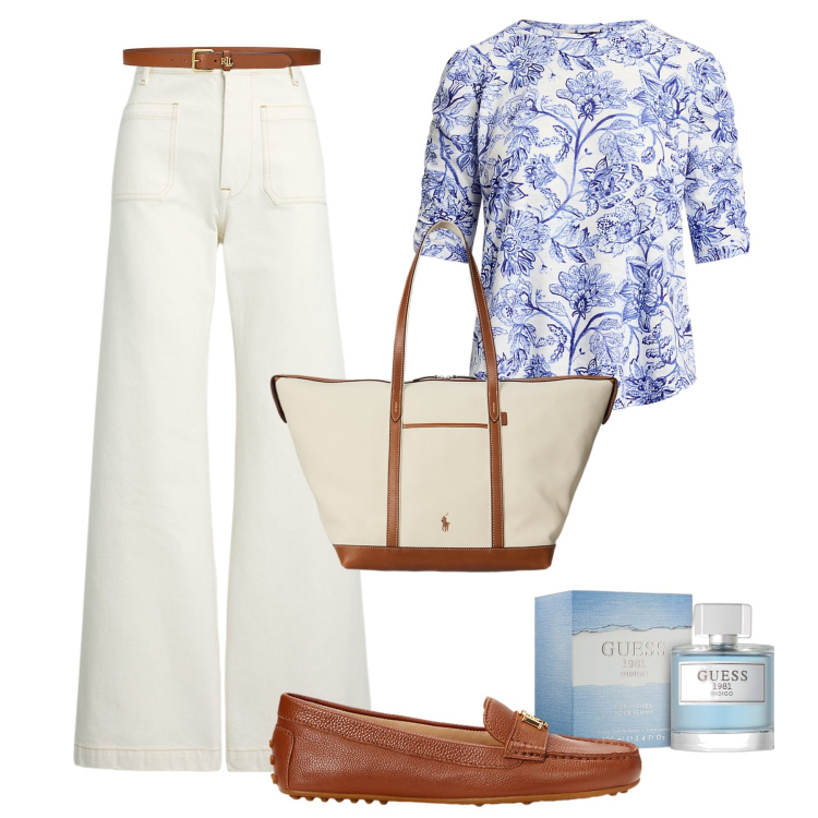 Outfit donna - Giornata con gli amici. Stile Casual per Tutti i giorni. Abbinamento con profumi, jeans, mocassini, t-shirt, borse tote, cinture.