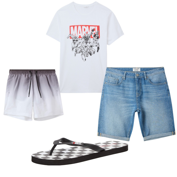 Outfit uomo - Total look #2227561. Stile Casual per Mare. Abbinamento con sandali, t-shirt, bermuda, costumi.