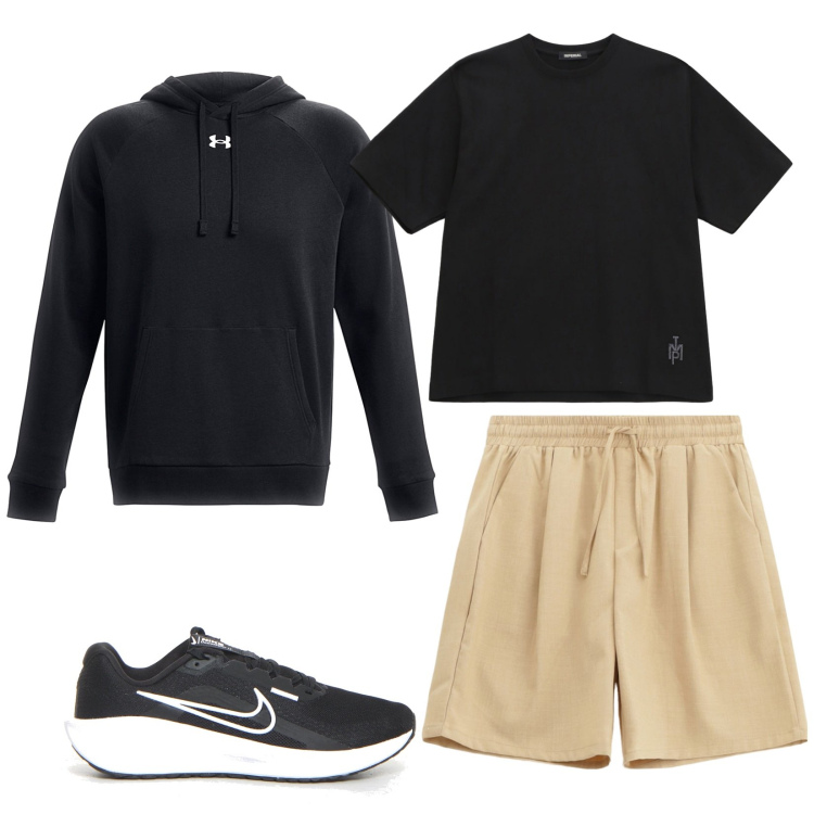 Outfit uomo - Sport. Stile Casual per Sport. Abbinamento con bermuda, t-shirt, felpe con cappuccio, scarpe sportive.