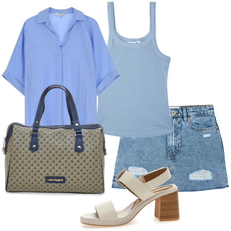Outfit donna - Estate in città. Stile Casual chic per Tutti i giorni. Abbinamento con minigonne, canottiere, camicie a manica corta, borse a spalla, sandali col tacco.