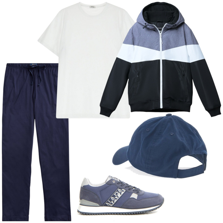 Outfit uomo - In montagna. Stile Casual per Sport. Abbinamento con piumini, t-shirt, pantaloni, cappelli, sneakers.