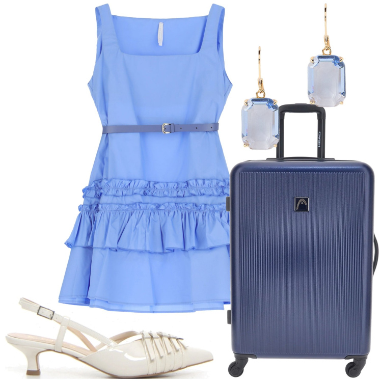 Outfit donna - L\'abito da mettere in valigia. Stile Bon Ton per Tutti i giorni. Abbinamento con vestiti corti, orecchini, valigie, décolleté.