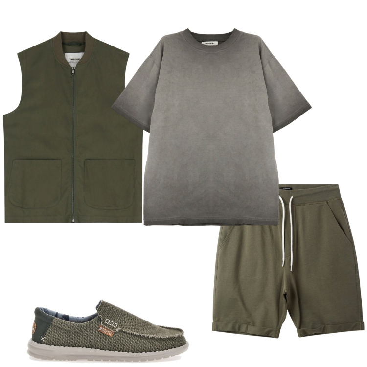 Outfit uomo - Il verde protagonista. Stile Casual per Tutti i giorni. Abbinamento con pantaloni corti, gilet, t-shirt, scarpe stringate.