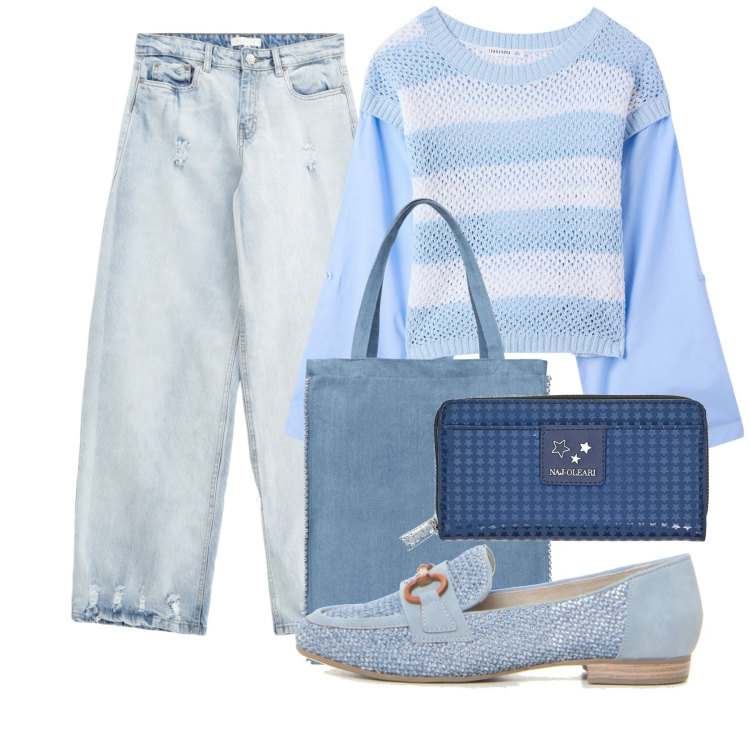 Outfit donna - Variazioni di azzurro. Stile Casual chic per Tutti i giorni. Abbinamento con borse tote, maglieria, jeans, mocassini, portafogli.