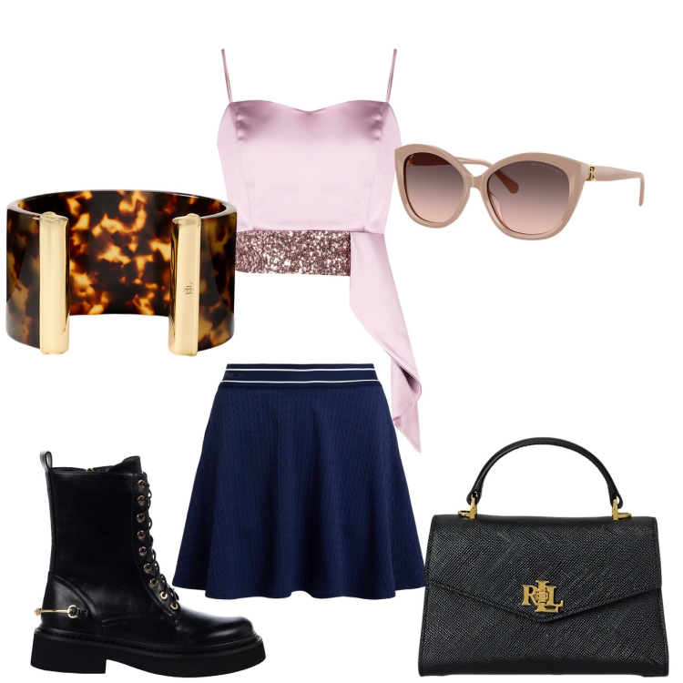 Outfit donna - Una passeggiata in città. Stile Casual chic per Serata fuori. Abbinamento con top, anfibi, borse a mano, occhiali da sole, minigonne, braccialetti.