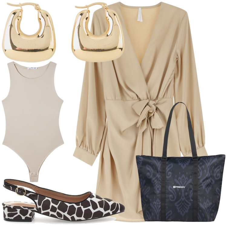 Outfit donna - Back to work. Stile Urban per Ufficio. Abbinamento con orecchini, body, vestiti corti, shopping bag, ballerine.
