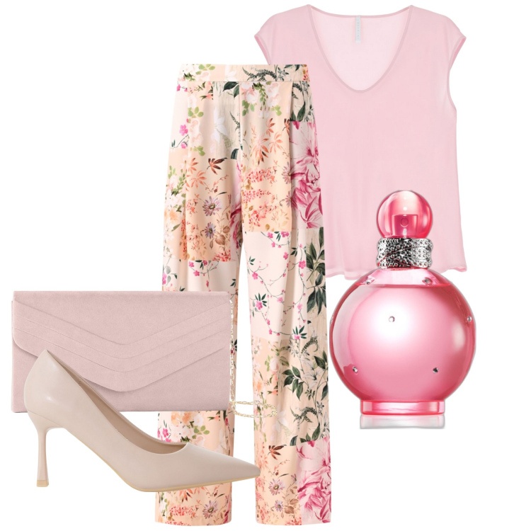 Outfit donna - Romantica a fiori. Stile Romantica per Serata fuori. Abbinamento con pochette, profumi, pantaloni, décolleté, top.