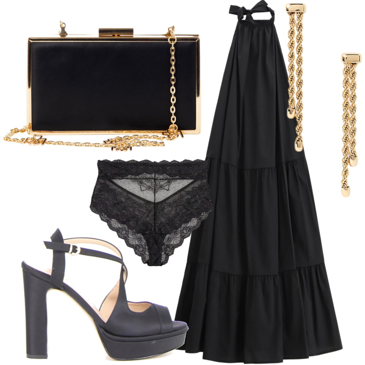 Outfit donna - Notte di ferragosto. Stile Glamour per Serata fuori. Abbinamento con culotte, pochette, vestiti midi/longuette, orecchini, sandali col tacco.