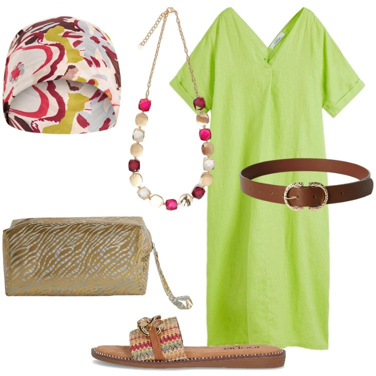 Outfit donna - Caftano elegante per le sere d’agosto. Stile Basic per Serata fuori. Abbinamento con caftani, cinture, pochette, sciarpe, ciabatte, collane.