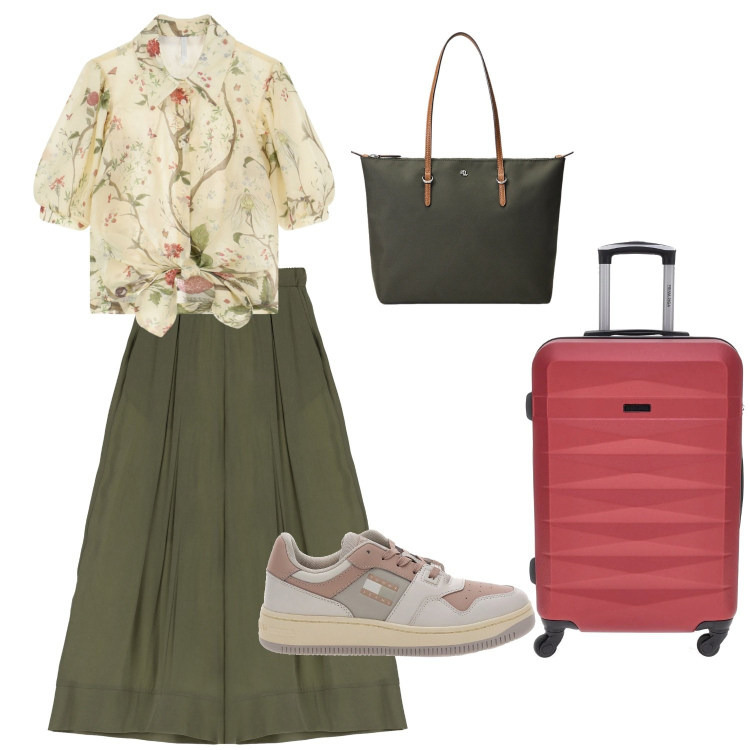 Outfit donna - In viaggio con stile. Stile Casual per Tutti i giorni. Abbinamento con camicie a manica corta, pantaloni, borse tote, sneakers, valigie.