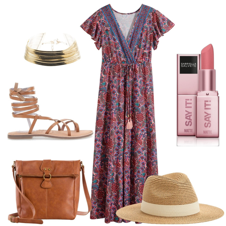Outfit donna - Total look #2227598. Stile Boho per Tutti i giorni. Abbinamento con vestiti lunghi, borse a tracolla, rossetti, cappelli, braccialetti, sandali alla schiava.