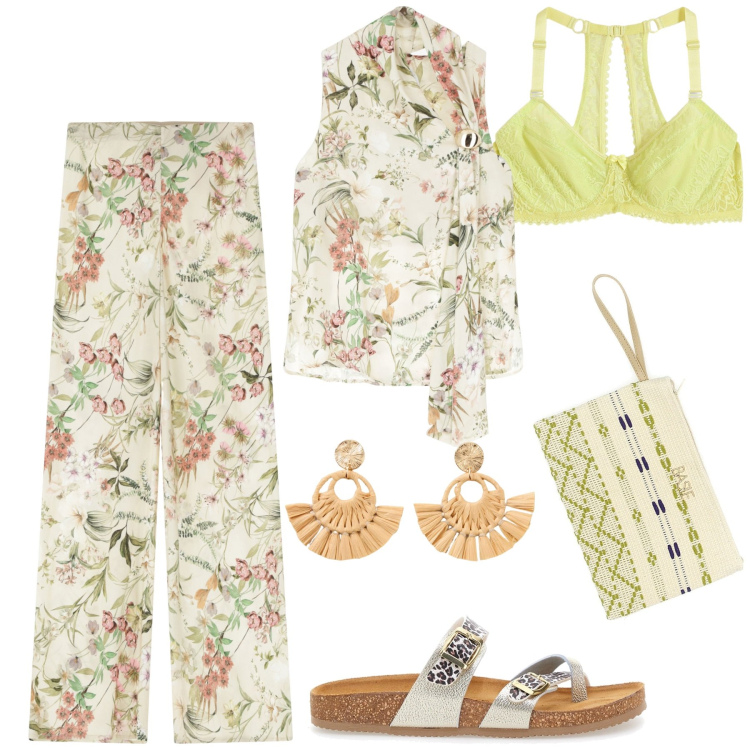 Outfit donna - Coordinato a fiori. Stile Casual chic per Tutti i giorni. Abbinamento con orecchini, reggiseni, pantaloni, top, infradito, pochette.