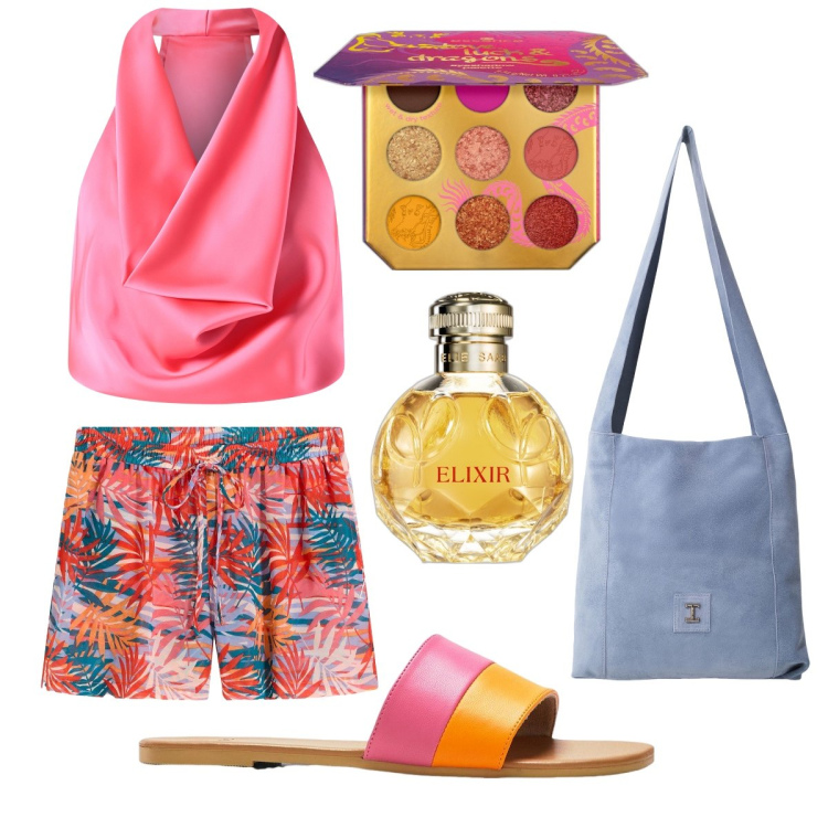 Outfit donna - Gli shorts per la sera. Stile Casual chic per Serata fuori. Abbinamento con ciabatte, shorts, ombretti, profumi, top, borse a tracolla.