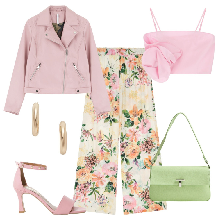 Outfit donna - Biker (in saldo) e fiori. Stile Casual chic per Serata fuori. Abbinamento con borse a spalla, blazer, sandali col tacco, top, pantaloni a palazzo, orecchini.