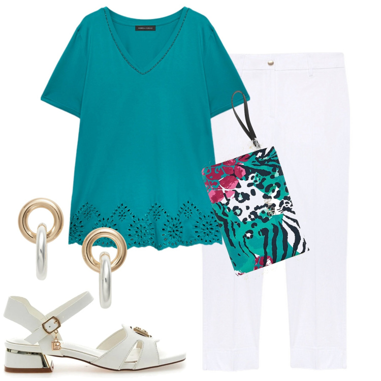 Outfit donna - Fiorella Rubino. Stile Urban per Tutti i giorni. Abbinamento con orecchini, pantaloni chino, sandali col tacco, pochette, bluse.