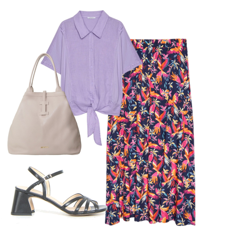 Outfit donna - Fiorella Rubino. Stile Urban per Tutti i giorni. Abbinamento con borse tote, gonne lunghe, camicie, sandali col tacco.