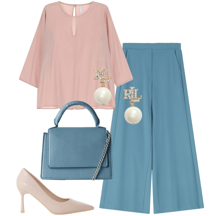 Outfit donna - Total look #2227608. Stile Bon Ton per Ufficio. Abbinamento con borse a tracolla, pantaloni, décolleté, bluse, orecchini.