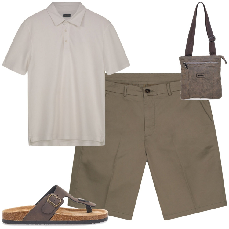 Outfit uomo - Doppelganger. Stile Urban per Tutti i giorni. Abbinamento con portafogli, polo, sandali, bermuda.