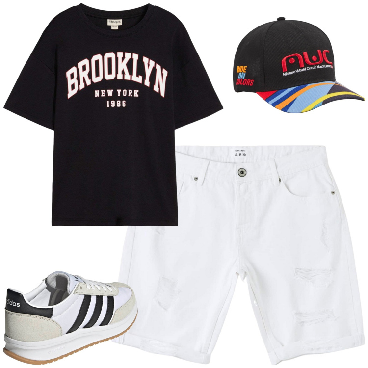 Outfit uomo - Total look #2227610. Stile Casual per Tutti i giorni. Abbinamento con t-shirt, cappelli, bermuda, sneakers.