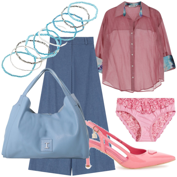 Outfit donna - Total look. Stile Urban per Tutti i giorni. Abbinamento con culotte, braccialetti, jeans, camicie, pochette, décolleté.