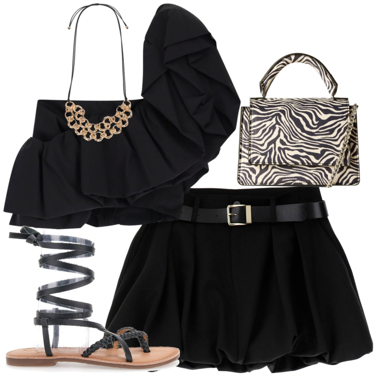 Outfit donna - Black. Stile Casual chic per Tutti i giorni. Abbinamento con borse a tracolla, minigonne, top, collane, sandali.