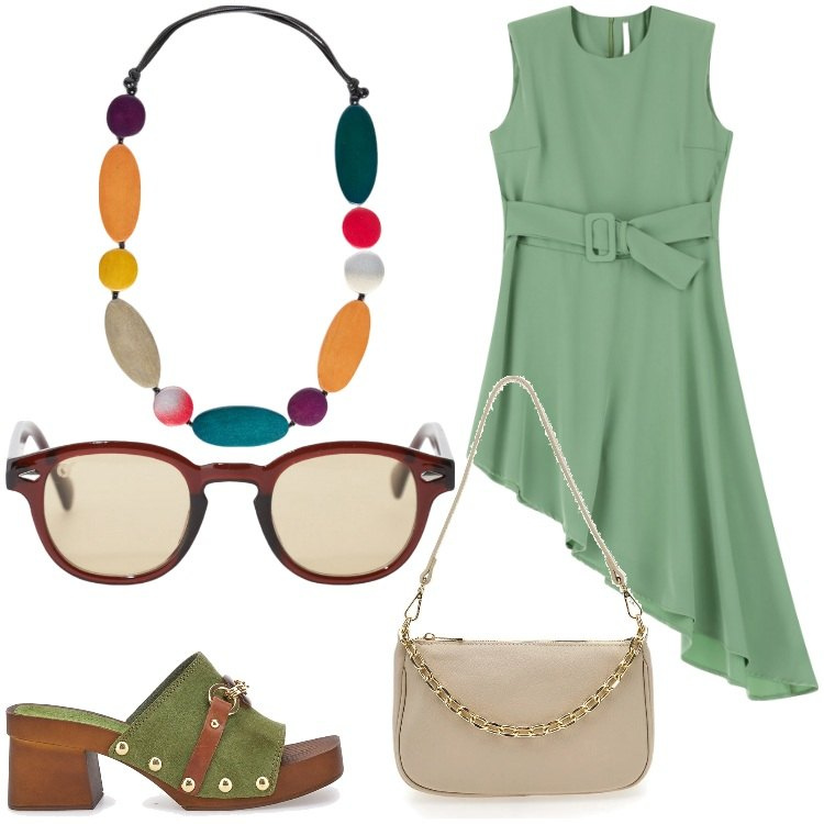 Outfit donna - Un vestito originale. Stile Chic per Serata fuori. Abbinamento con vestiti corti, occhiali da sole, zoccoli, collane, borse a tracolla.