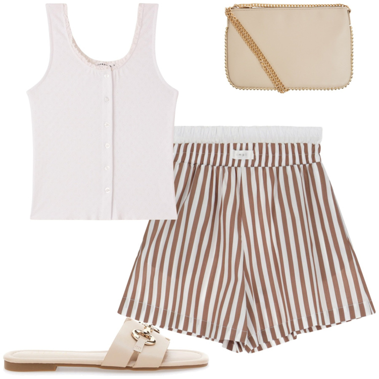 Outfit donna - Total look #2227618. Stile Casual per Tutti i giorni. Abbinamento con borse a tracolla, canottiere, pantaloni corti, ciabatte.