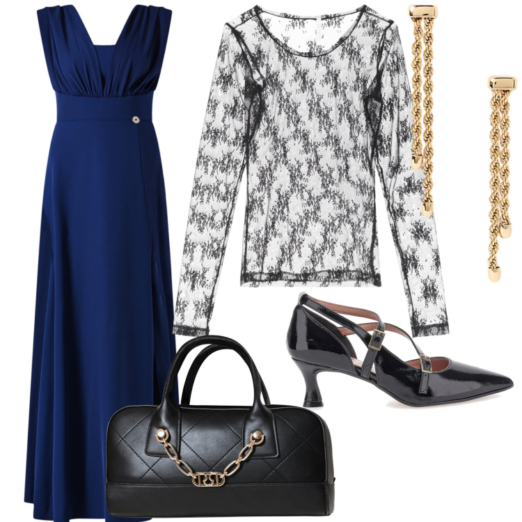 Outfit donna - Dinner with a touch of gold. Stile Bon Ton per Serata fuori. Abbinamento con borse a mano, vestiti lunghi, maglieria, orecchini, décolleté.