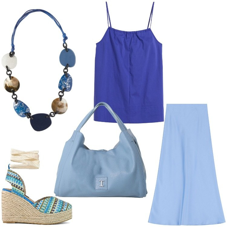 Outfit donna - Io ti cielo. Stile Chic per Tutti i giorni. Abbinamento con top, gonne lunghe, pochette, zeppe, collane.