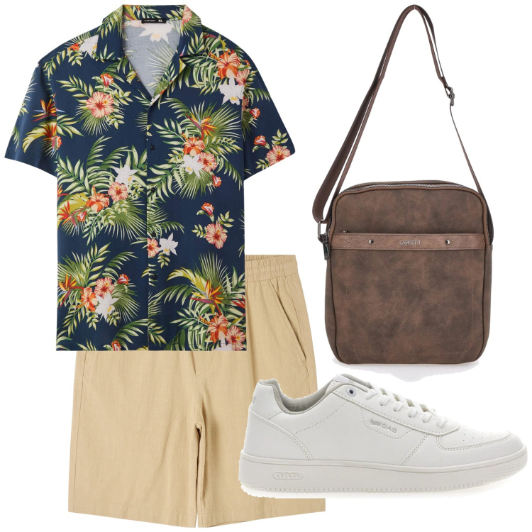 Outfit uomo - Una passeggiata in città. Stile Casual per Tutti i giorni. Abbinamento con shorts, camicie a manica corta, portafogli, sneakers.