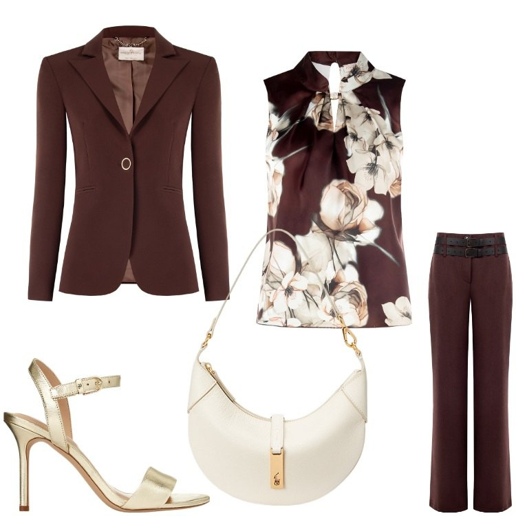 Outfit donna - Elegantissima. Stile Chic per Cerimonia. Abbinamento con pantaloni, top, blazer, borse a spalla, sandali in pelle.