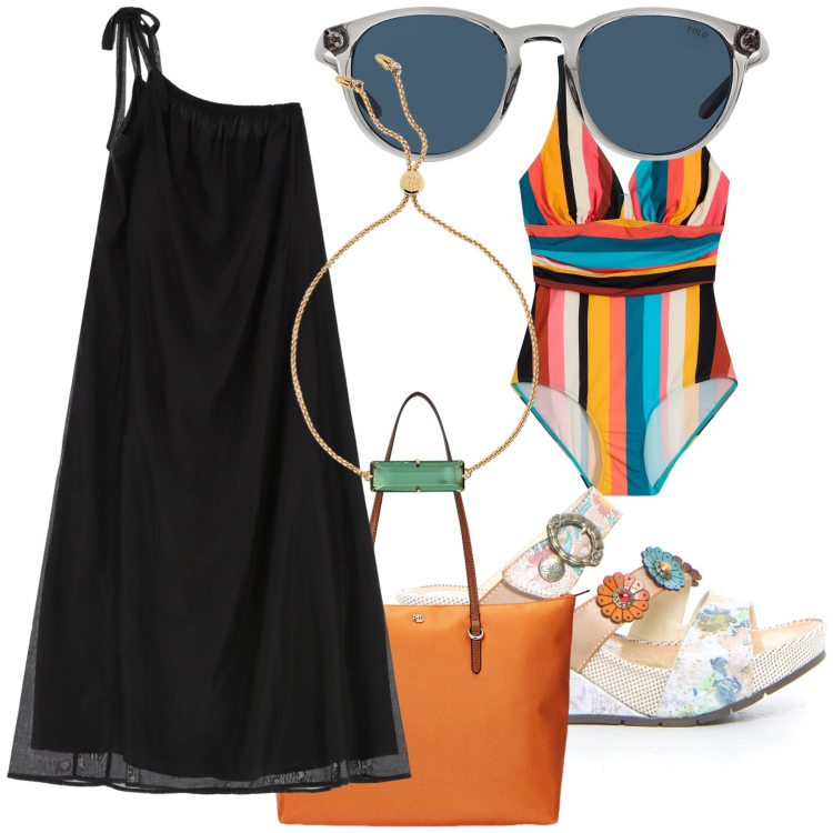 Outfit donna - Mix and the beach. Stile Trendy per Mare. Abbinamento con costumi interi, vestiti lunghi, occhiali da sole, borse tote, braccialetti, ciabatte.
