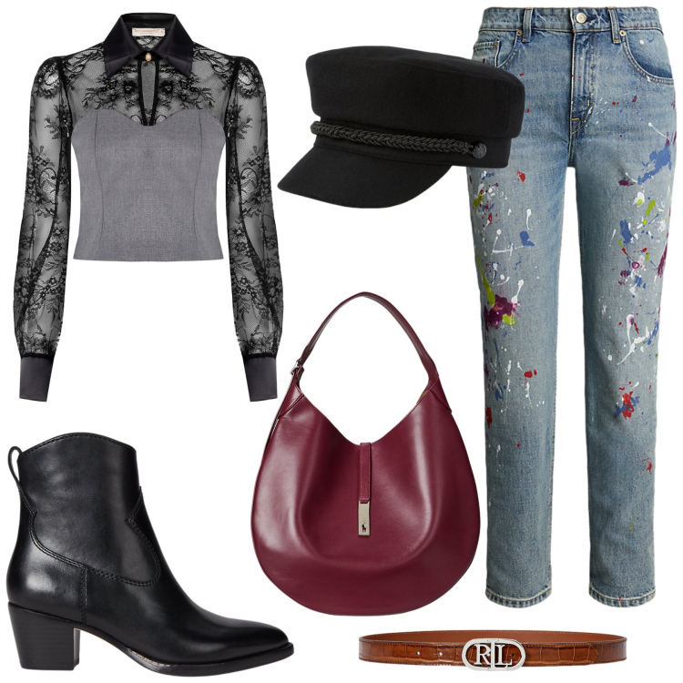 Outfit donna - Total look #2227630. Stile Casual chic per Tutti i giorni. Abbinamento con bluse, cappelli, borse a spalla, stivaletti, jeans boyfriend, cinture.