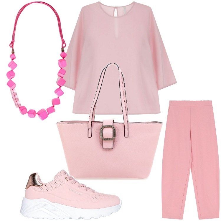 Outfit donna - Tutto rosa. Stile Casual per Tutti i giorni. Abbinamento con bluse, pantaloni, sneakers, collane, borse a spalla.