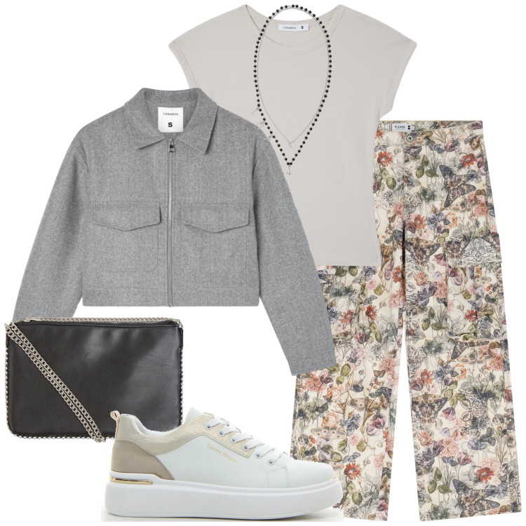 Outfit donna - Total look #2227634. Stile Urban per Tutti i giorni. Abbinamento con blazer, borse a tracolla, t-shirt, pantaloni cargo, collane, sneakers.