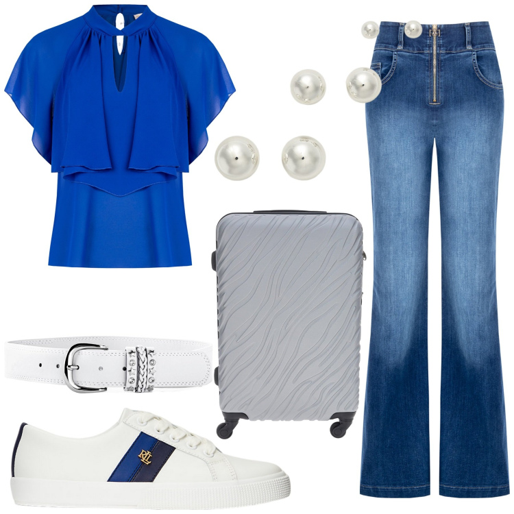 Outfit donna - Total look #2227635. Stile Casual chic per Tutti i giorni. Abbinamento con cinture, jeans, bluse, sneakers, orecchini, valigie.