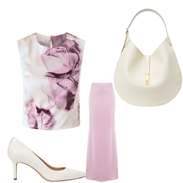 Outfit donna - Delicatezza. Stile Chic per Cerimonia. Abbinamento con top, gonne lunghe, décolleté, borse a spalla.