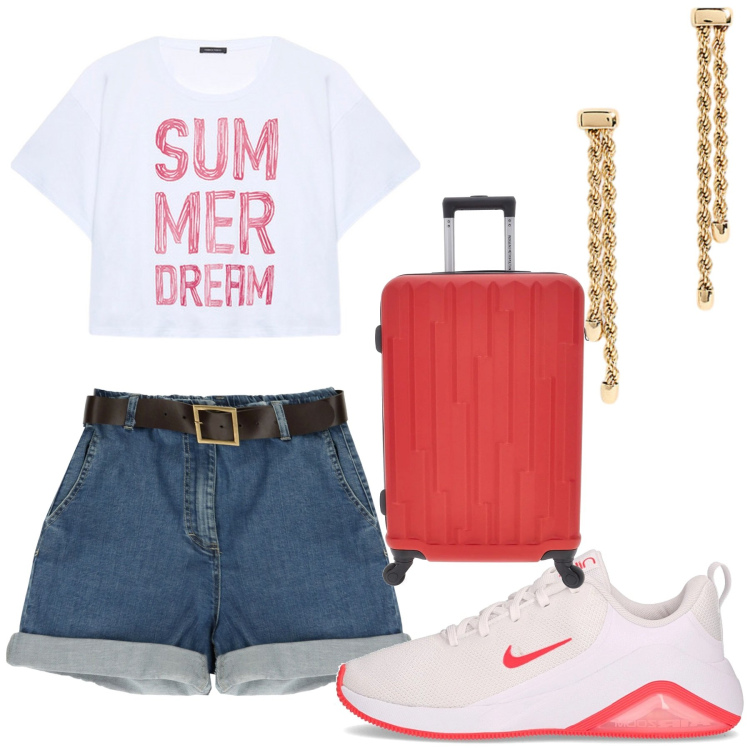 Outfit donna - Total look #2227647. Stile Sporty chic per Tutti i giorni. Abbinamento con bermuda, orecchini, t-shirt, valigie, sneakers.