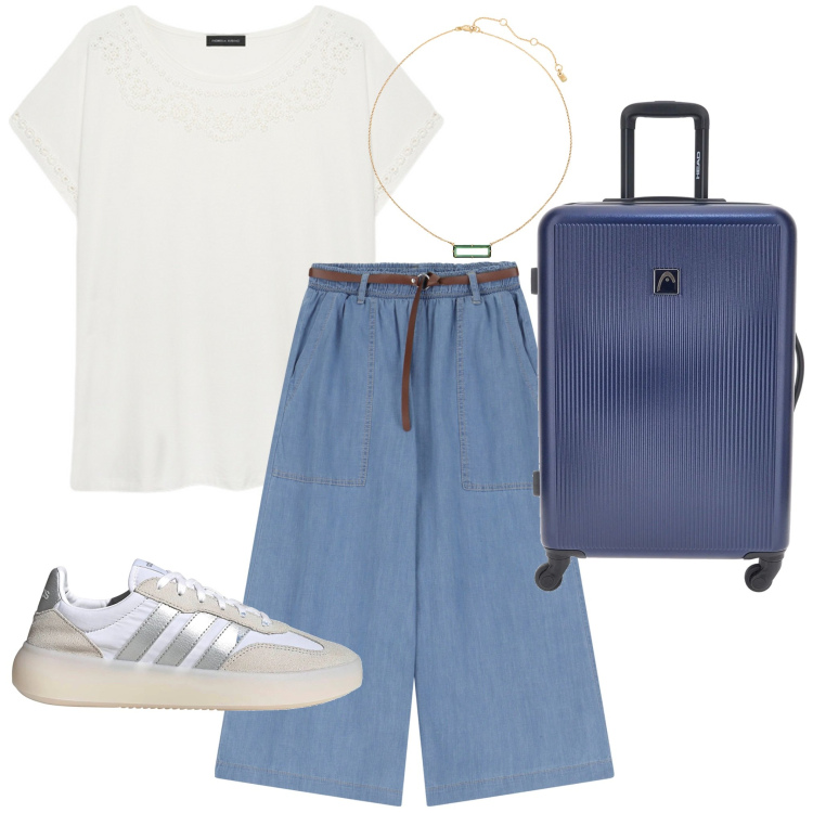 Outfit donna - In viaggio. Stile Casual per Tutti i giorni. Abbinamento con jeans, collane, t-shirt, sneakers, valigie.