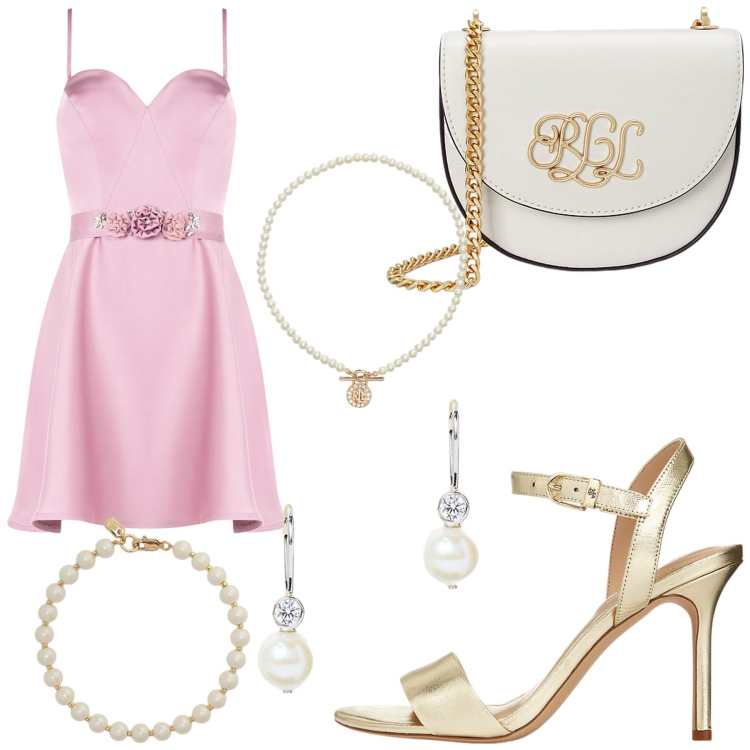 Outfit donna - Total look #2227651. Stile Romantica per Serata fuori. look ideale per Petite. Abbinamento con vestiti corti, ciondoli, sandali in pelle, borse a tracolla, braccialetti, orecchini.