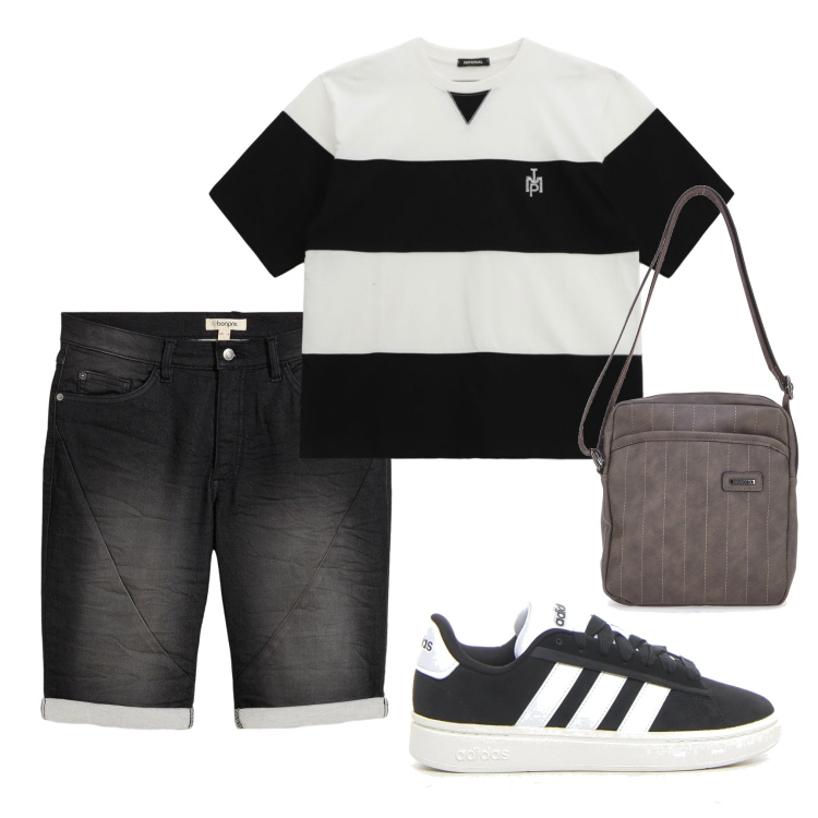 Outfit uomo - Qualche riga. Stile Casual per Tutti i giorni. Abbinamento con bermuda, t-shirt, portafogli, sneakers.