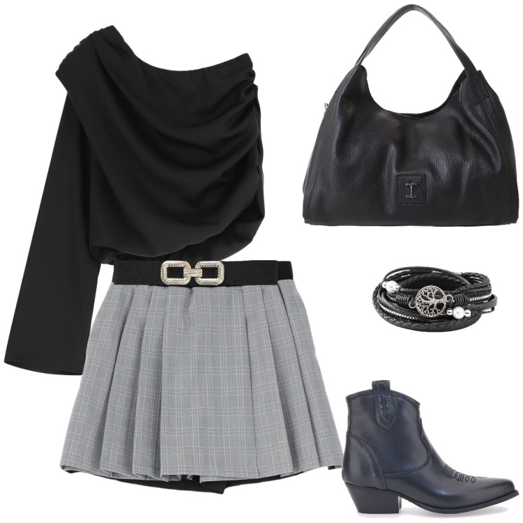 Outfit donna - Autunno. Stile Casual per Tutti i giorni. Abbinamento con braccialetti, cinture, bluse, gonne, pochette, stivaletti texani.