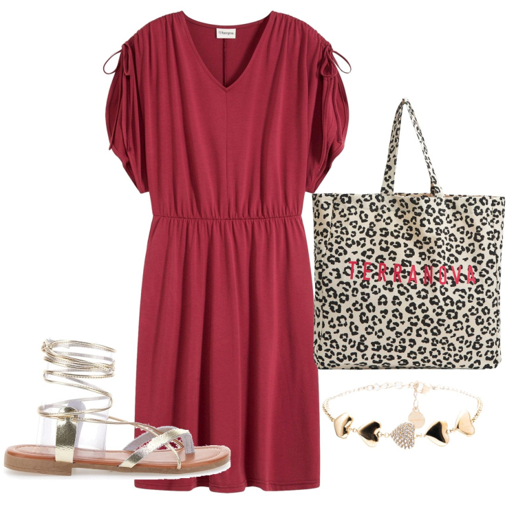 Outfit donna - Rosso e bon ton. Stile Bon Ton per Tutti i giorni. Abbinamento con vestiti, shopping bag, braccialetti, sandali alla schiava.