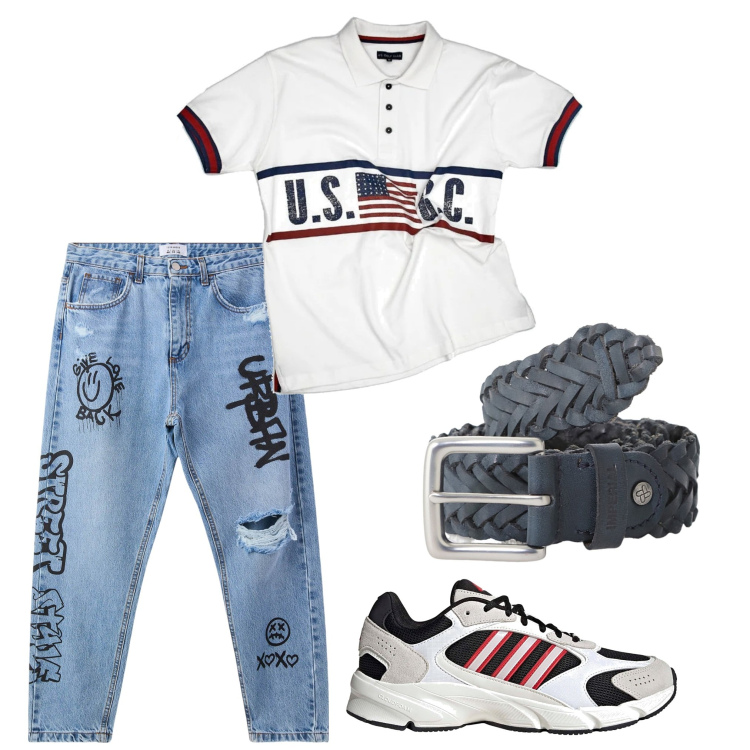Outfit uomo - Giovanile. Stile Trendy per Tutti i giorni. Abbinamento con jeans strappati, cinture, polo, sneakers.
