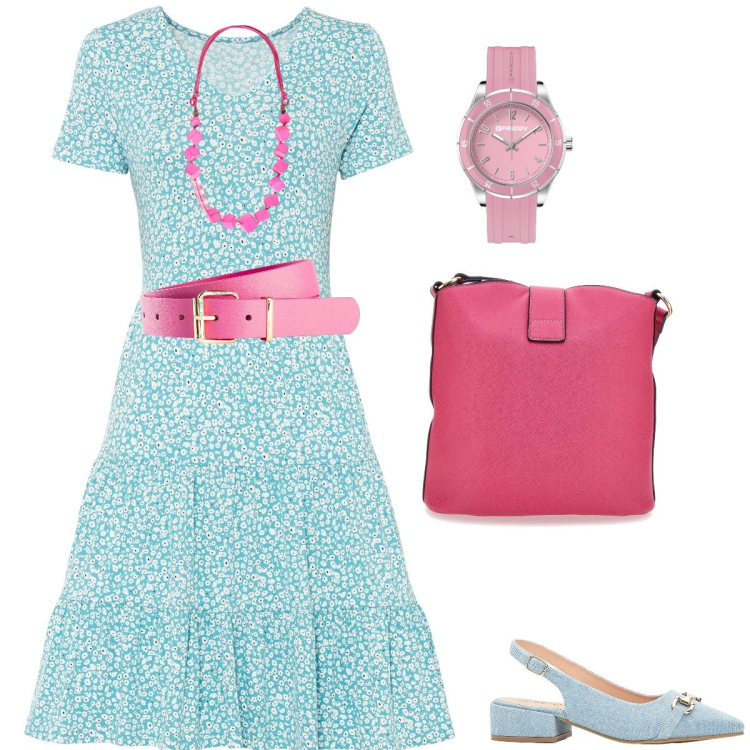 Outfit donna - Rosa azzurro. Stile Casual chic per Tutti i giorni. Abbinamento con cinture, vestiti, décolleté, orologi, collane, borse a spalla.