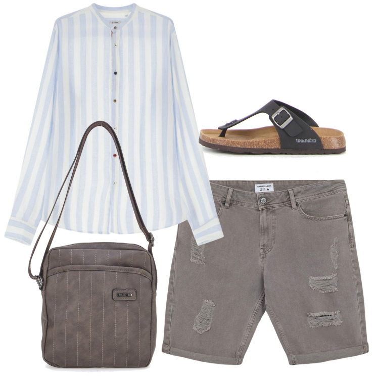 Outfit uomo - Coreana city. Stile Casual per Tutti i giorni. Abbinamento con bermuda, camicie, portafogli, sandali.