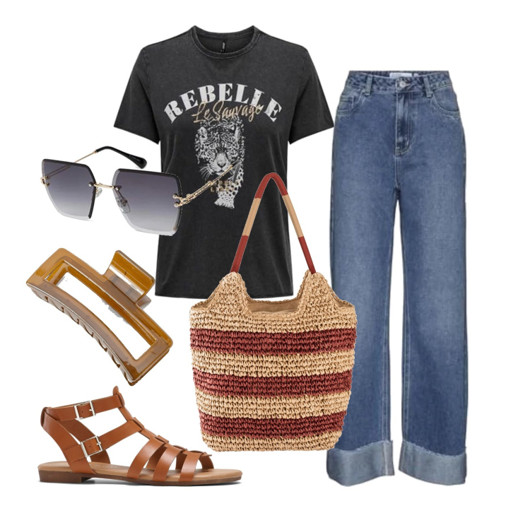 Outfit femme - Août. Style Basique pour Tous les jours. Assortir avec sac cabas, sandales, jeans, hauts, lunettes de soleil, accessoires pour cheveux.