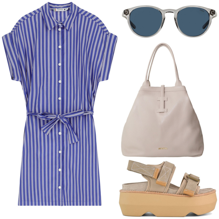 Outfit donna - Total look #2227690. Stile Casual per Tutti i giorni. Abbinamento con vestiti corti, borse tote, occhiali da sole, sandali col tacco.